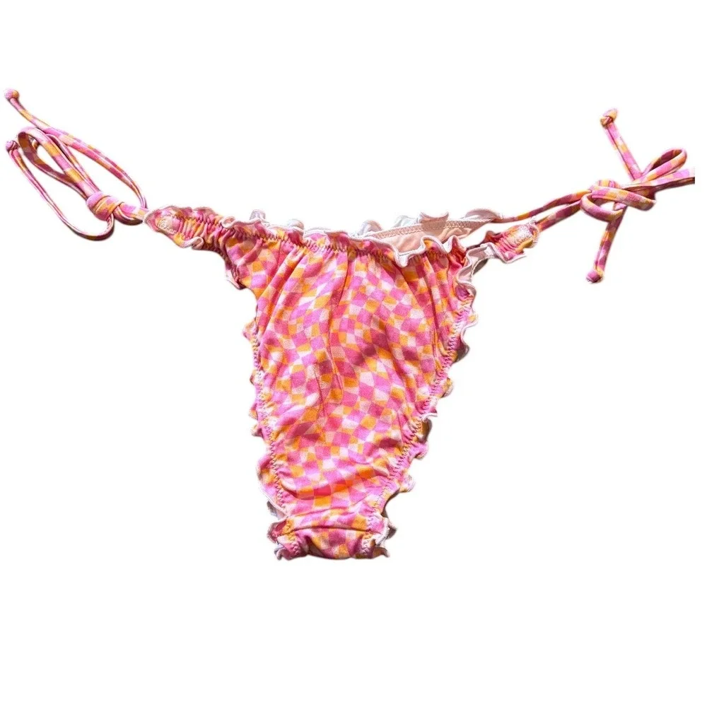 L*Space Roger Bottom Bitsy Bikini‎ Pink Orange Checkered Ruffle Side Tie Small
